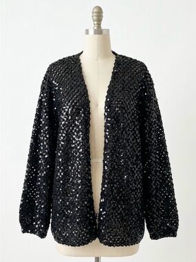 Vintage Edith Flagg Black Sequin Open Front Cardigan Jacket Large 90s Whimsigoth